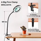 BROLAVIYA® Overhead 5X Magnifying Glass with LED Light and Stand, 3 Color Modes Dimmable, Flexible Hose Metal Arm, Magnifier Desk Lamp for Crafts, Makeup, Reading, Photography