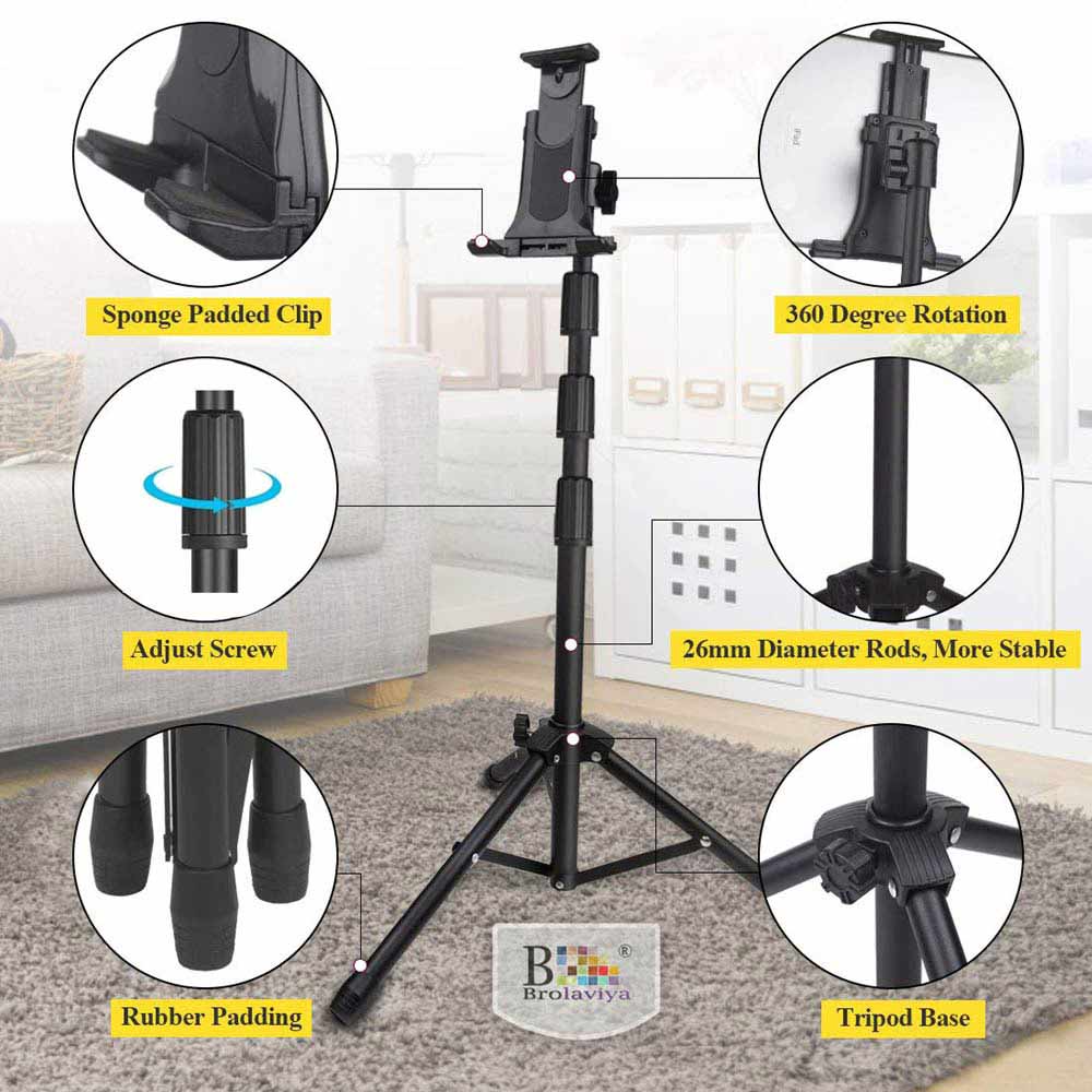 BROLAVIYA® Multi-Direction Tripod Floor Stand Fit For 4 - 11 Diagonal Inch Device, Compatible with iPad, Tablet, Mobile