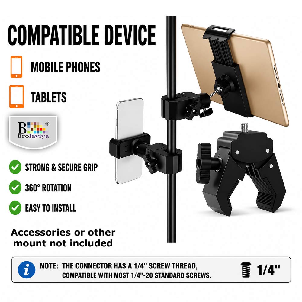 BROLAVIYA® Camera Super Clamp with Male 1/4"-20 Screw Mount, Adjustable Crab Clamp for Photography Equipment, Monitor, LED Light, Action Camera, Fits 13-47mm Pipes, Rods & Bars