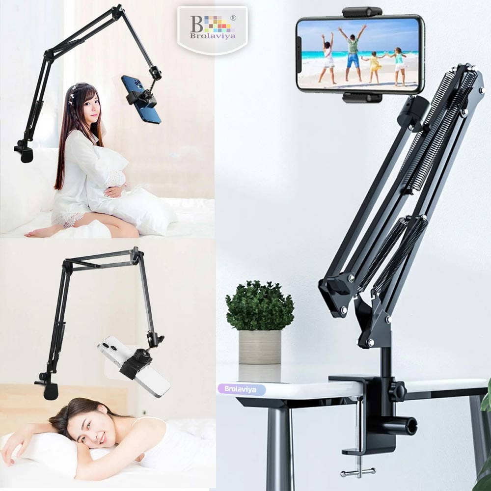 BROLAVIYA® Overhead Video Mobile Stand, New Extra Long Arm, 1/4" Head 2 Way Base Clamp and Bracket for Mobile Phone For Overhead Video, Desktop, Bedroom, Office, Black
