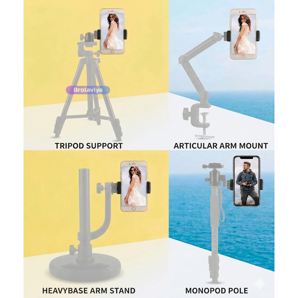 BROLAVIYA® 2 Pack Mobile Phone Holder Mount with 1/4″ Screw, Adjustable 55–85mm Smartphone Clamp, Tripod & Stand Compatible, Universal Phone Holder for Video Recording, Live Streaming & Photography