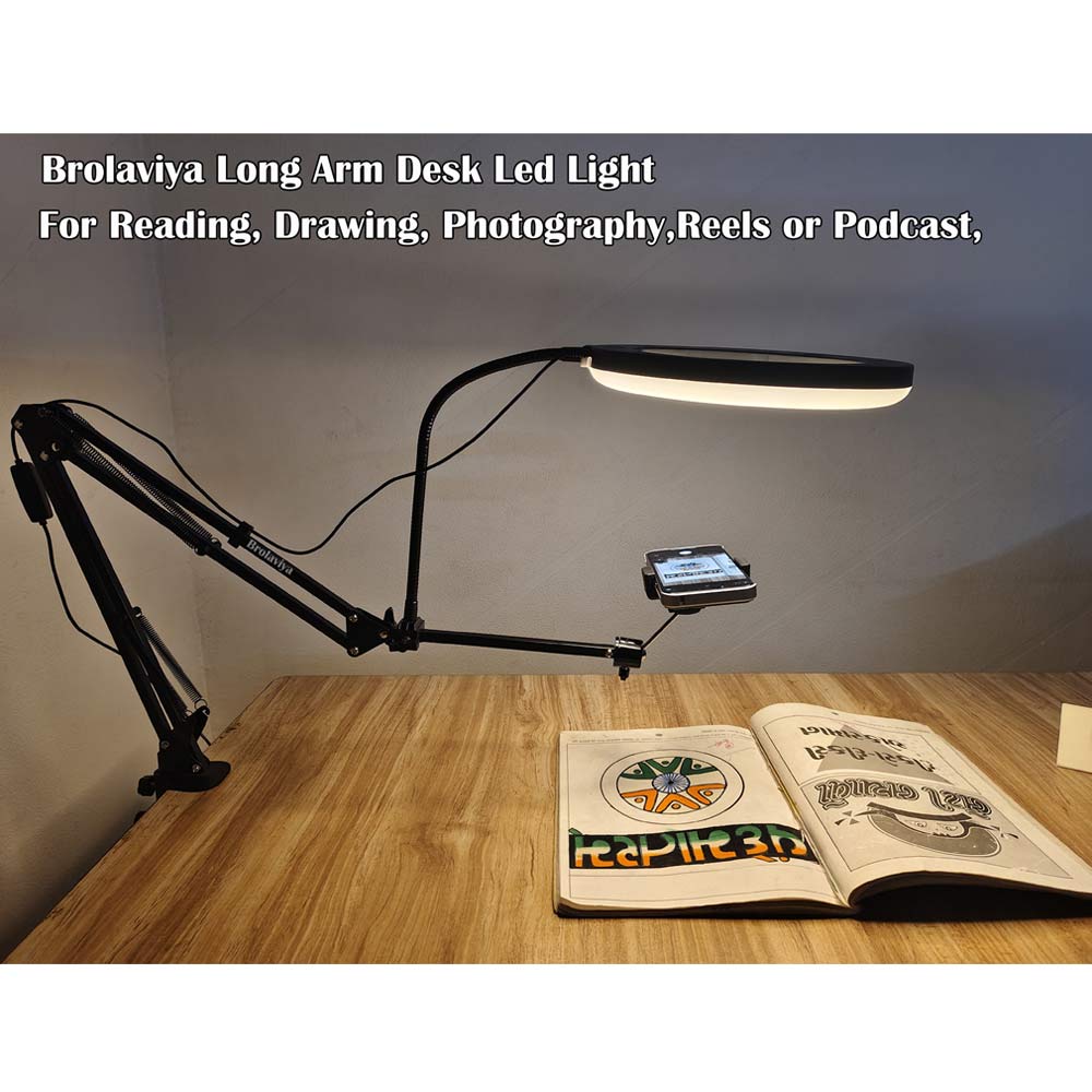 BROLAVIYA® No Shadow Overhead Video Mobile Stand, Extra Long Metal Arm, 10 inch Selfie Ring Light, Flexible Wire, 2-Way Base Clip, 1/4" Head for Camera, GoPro, for Desktop, Bedroom, Office