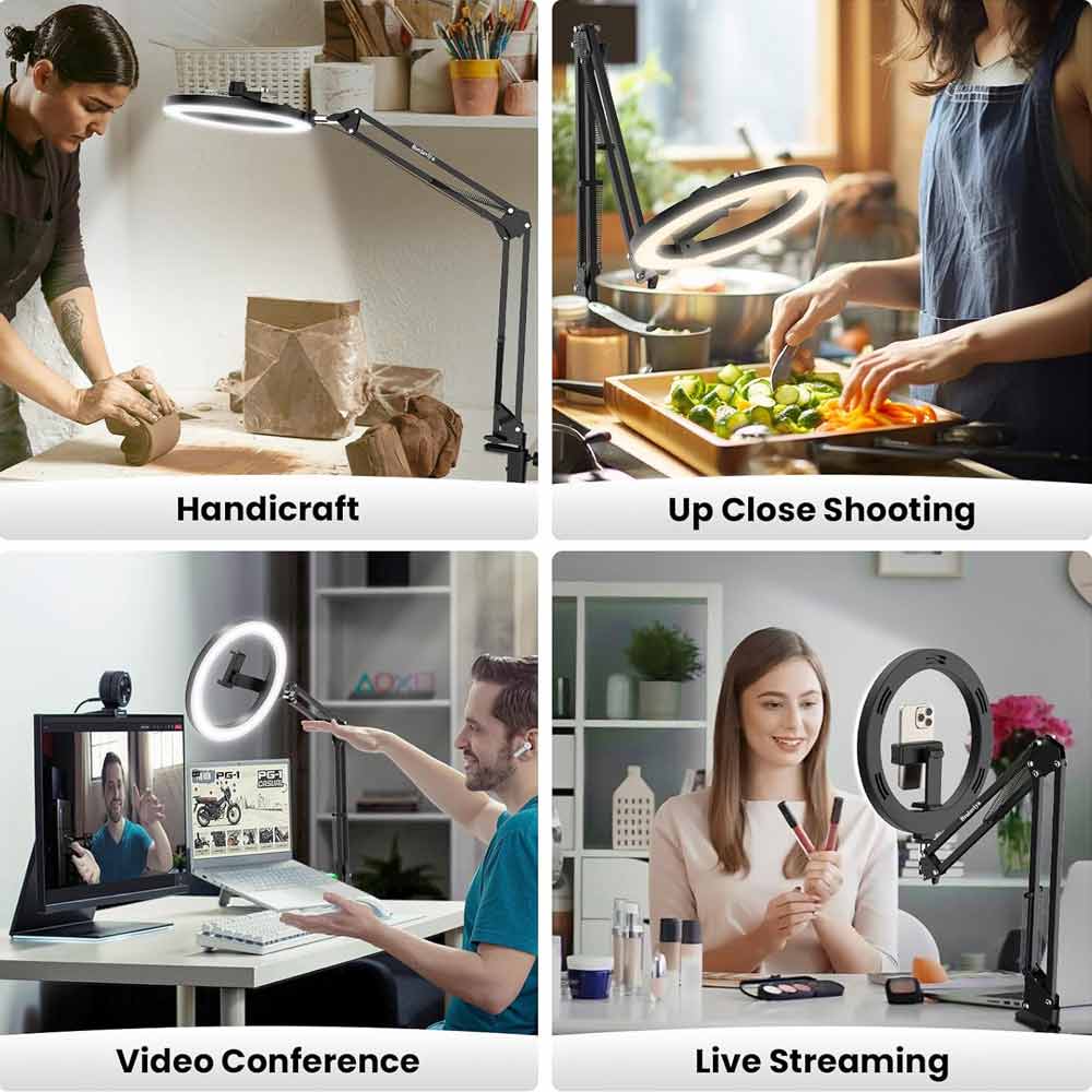 BROLAVIYA® Upgraded No Shadow Overhead Video Mobile Stand with 10 inch Selfie Ring Light, Metal Arm, 1/4" Adaptor for Camera, GoPro and Flexible Mobile Bracket for Desktop, Bedroom, Office