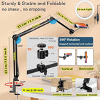 BROLAVIYA® No Shadow Overhead Video Mobile Stand with Extra Long Metal Arm, 10 inch Selfie Ring Light, 2 Way Base Clamp 1/4" Adaptor for Camera, GoPro and Mobile Bracket for Desktop, Bedroom, Office