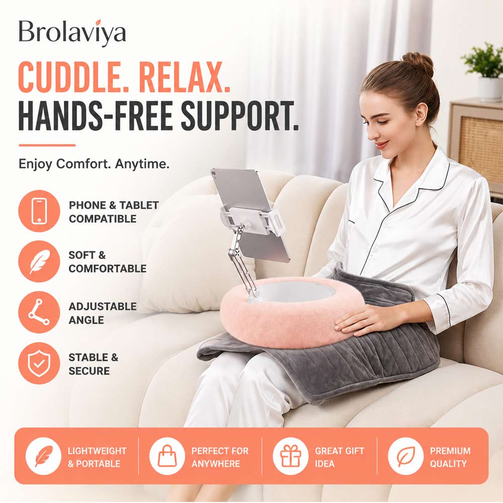 BROLAVIYA® Phone & Tablet Pillow Stand, Adjustable 360° Rotating Holder for 4–12.9 Inch Devices, Detachable Foldable Arm, Soft Lap Desk Cushion with Snack Tray, for Bed, Sofa, Desk & Travel