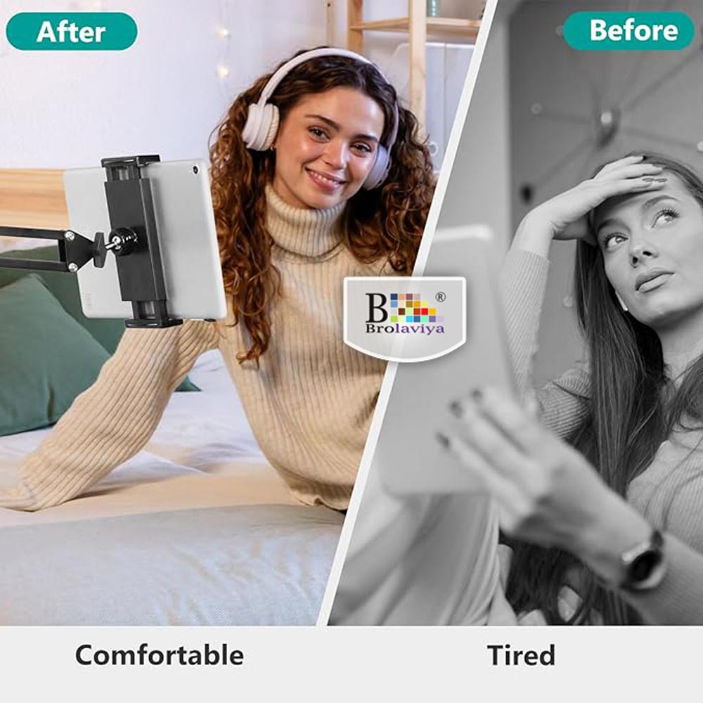 BROLAVIYA® Upgraded Flexible Gooseneck Clip Lazy Arm Bracket For Both Mobiles and Tablets Fits Device 4 - 12.9 Inch, Articulating Arm Mount For Home, Office or Kitchen