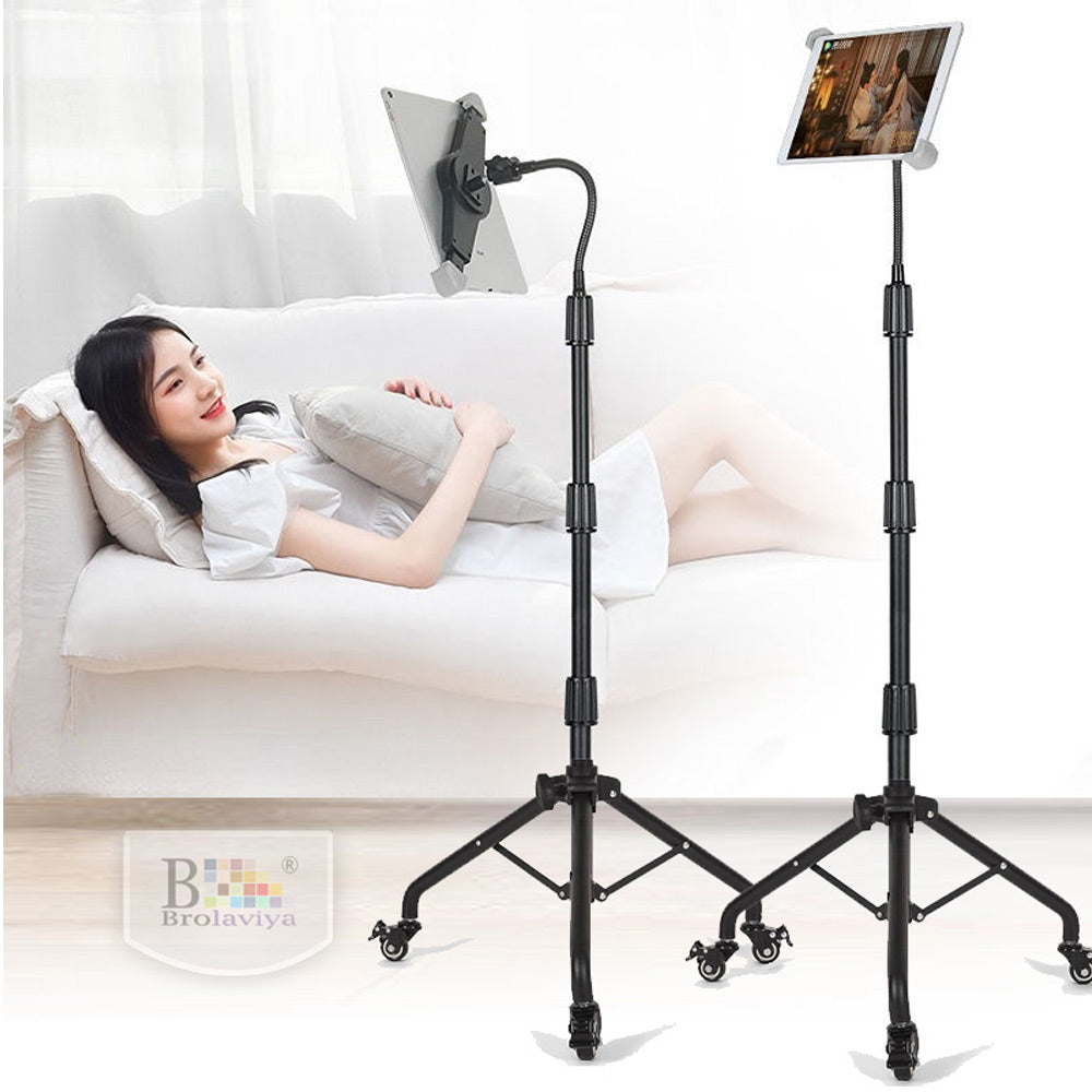 BROLAVIYA® Tablet Tripod Floor Stand with Wheels and Adjustable Gooseneck Mount for Home, Office, Stage for All 9.5~14.5 Diagonal inches Large Display Devices iPad, iPad Pro, Galaxy Tab, Surface Pro
