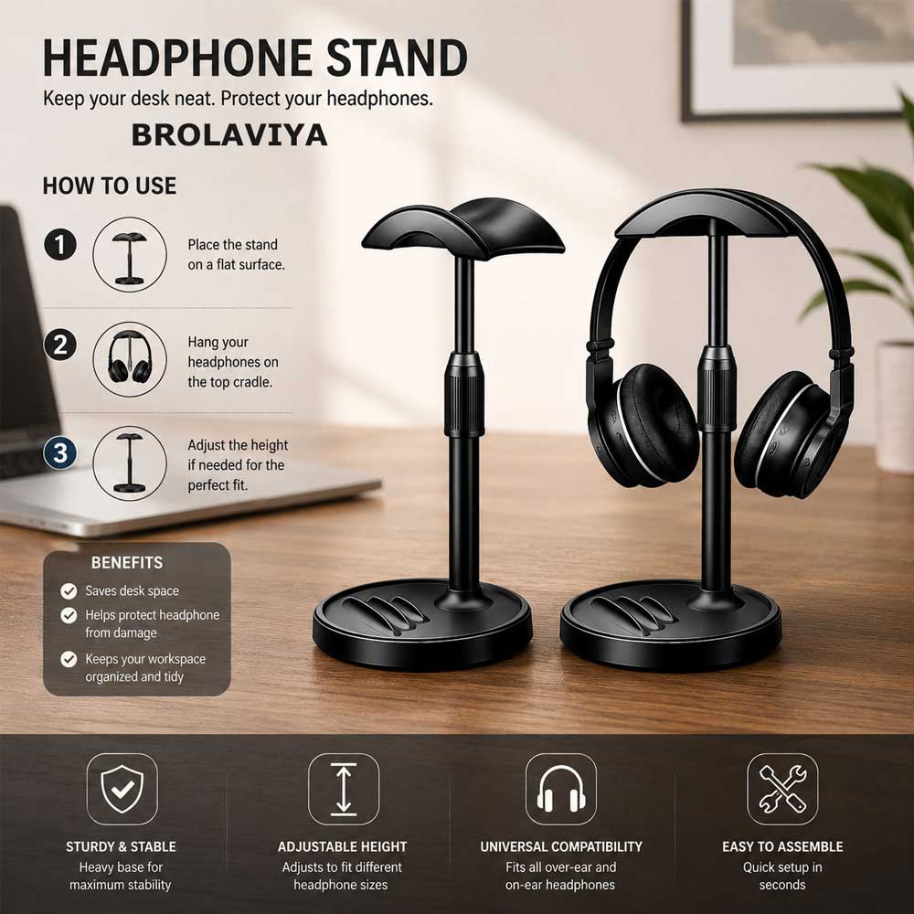 BROLAVIYA® Headphone Stand for Desk, Adjustable Height Headset Holder with Built-in Phone Stand, Universal Gaming Headphone Stand, Stable Weighted Base for Over-Ear & On-Ear Headphones, Black