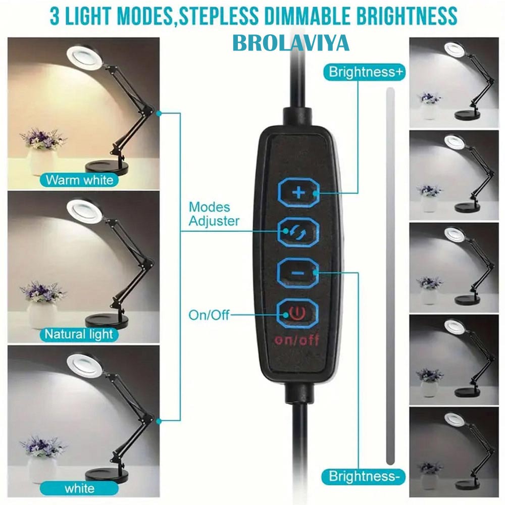 BROLAVIYA® Overhead Heavy Base 5X Magnifying Glass with LED Light and Stand, 3 Color Modes Dimmable, Flexible Metal Arm, Magnifier Desk Lamp for Crafts, Makeup, Reading, Photography – Black