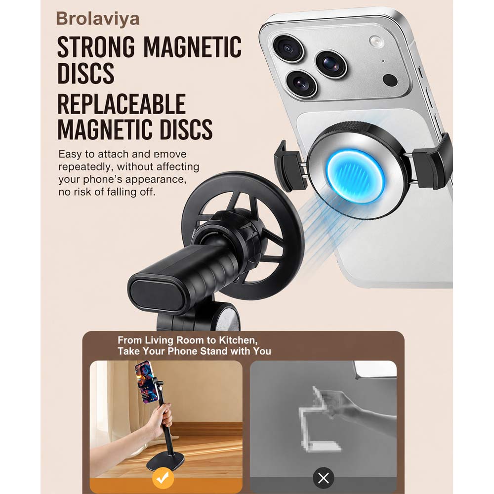 BROLAVIYA® 2-in-1 Magnetic & Clip Phone Stand for Desk, Adjustable Height Mobile Holder, MagSafe-Compatible Mount with Phone Clamp, 360° Rotation for Live Streaming, Recording, Video Calls & Cooking