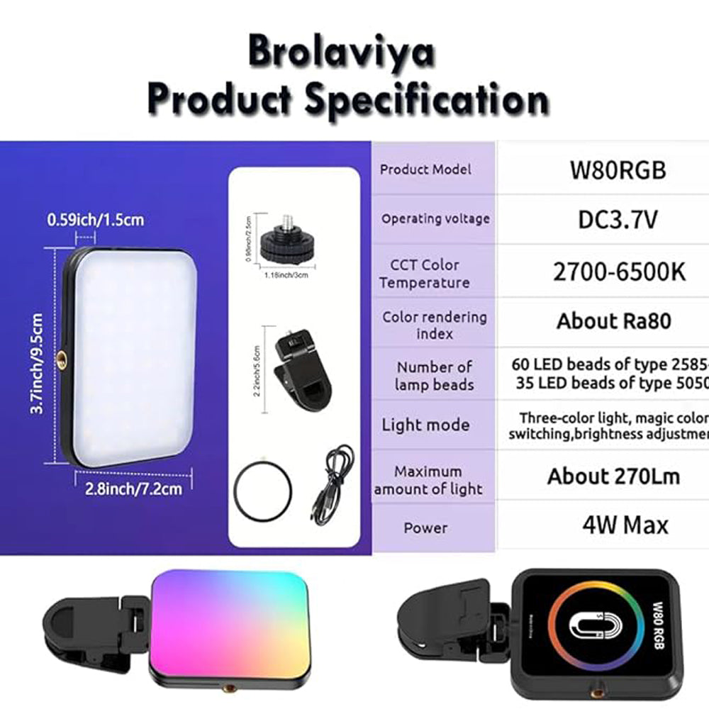 BROLAVIYA® Magnetic Full RGB Color LED Video Light, 1800mAh Rechargeable, Adjustable Brightness with Clip and ¼ Thread, for Phones, Laptops, Cameras, Selfie, Photography, Video Conference, W80, Black
