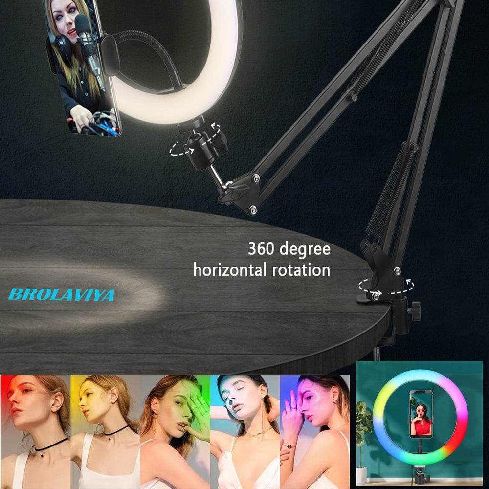 BROLAVIYA® Overhead Video Mobile Stand With RGB Color 10 Inch Ring Light, Metal Arm, 1/4" Male Adaptor For Camera, Gopro, Mobile Bracket For Video, Desktop, Bedroom, Office