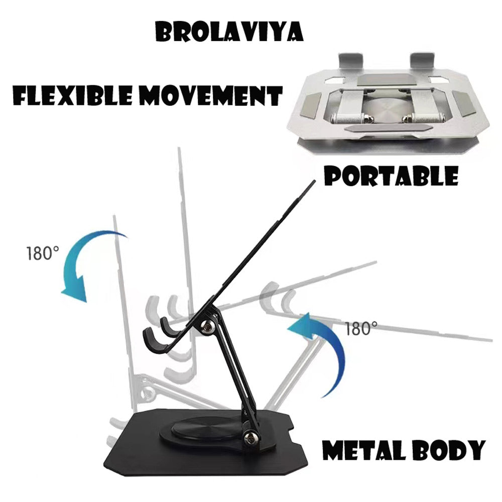 BROLAVIYA® Desktop 360 Rotating Base, Metal Stand Holder, Foldable, Compatible with iPad, Tablet, Mobile, E-Reader 4-13 Inch, D4, Black