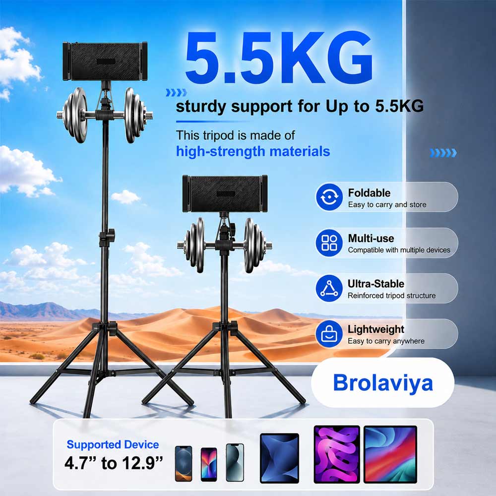 BROLAVIYA® Tablet Tripod Floor Stand, Adjustable up to 75″, Fits 4.7″-12.9″ Phones & Tablets, Compatible with iPad Pro/Air/Mini, Galaxy Tab, for Live Streaming, Office, Cooking & Fitness