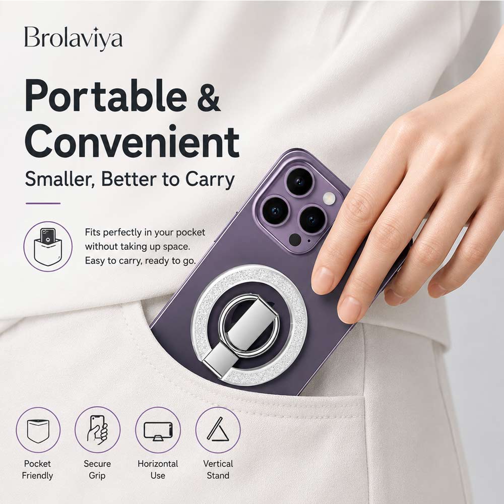 BROLAVIYA® Magnetic Phone Ring Holder, 360° Rotating & 180° Flip Finger Ring Stand, Ultra Slim Metal Grip Kickstand Compatible for iPhone 16/15/14/13/12 Series & All Smartphones – Silver