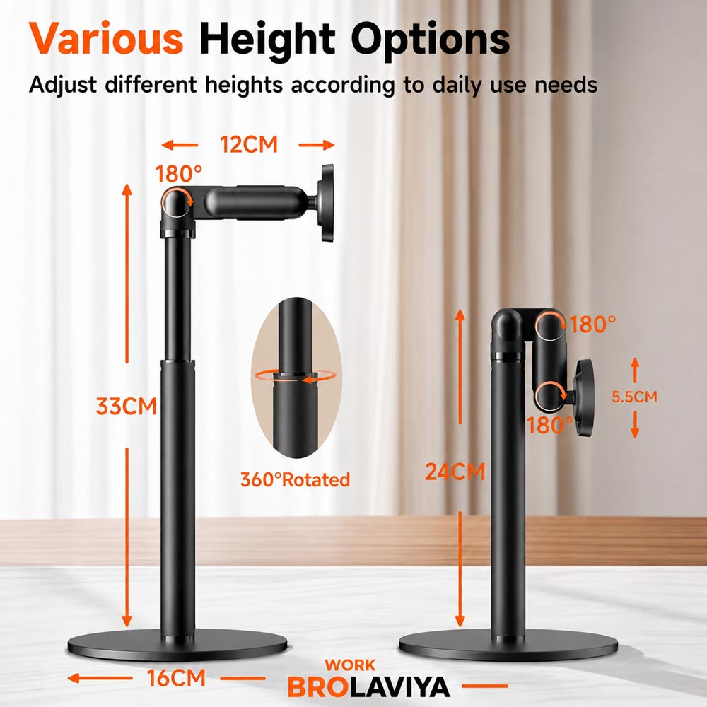 BROLAVIYA® Magnetic Mobile Phone Stand for Desk, Tabletop Stand, Adjustable Height & 360° Rotation, Strong N52 Magnetic Mount Compatible with iPhone 12-17 Series, Video Calls, Live Streaming