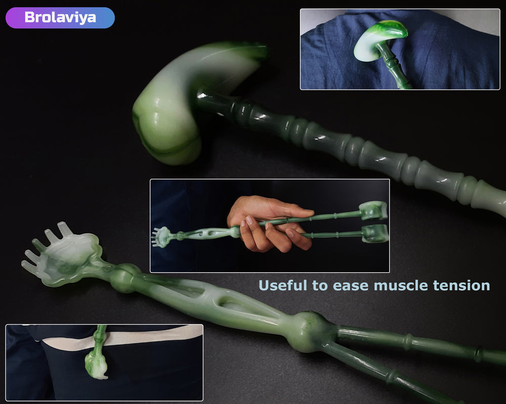 BROLAVIYA® 2 Pack 2 in 1 Hammer Horn Shape and Fortune Fish Shape Manually Massage Stick with Back Scratcher and Relief