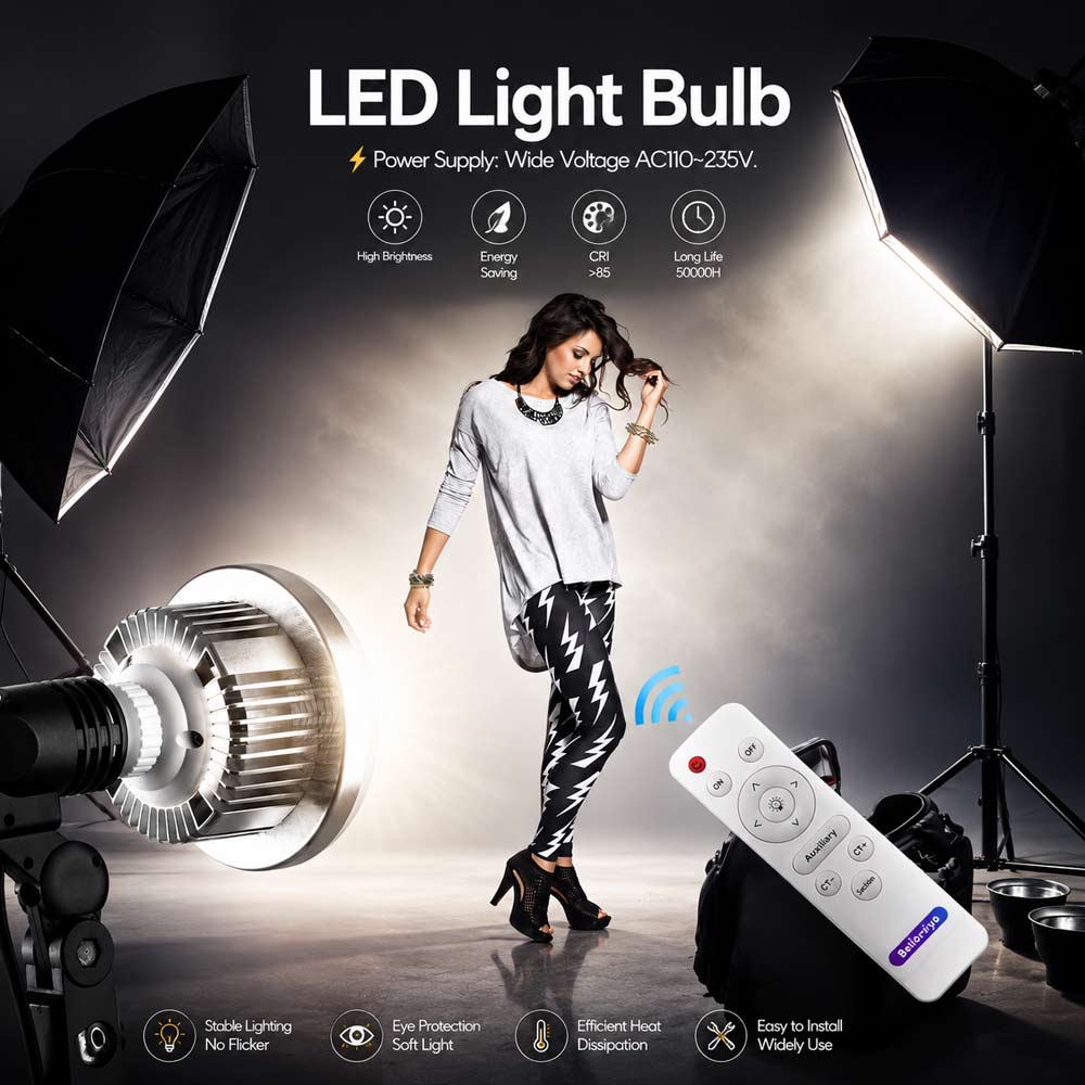 BROLAVIYA® 60W LED Photography Light Bulb with E27 Mount, Remote Control, Bi-Color 3000K-6000K, Dimmable for Studio Photography