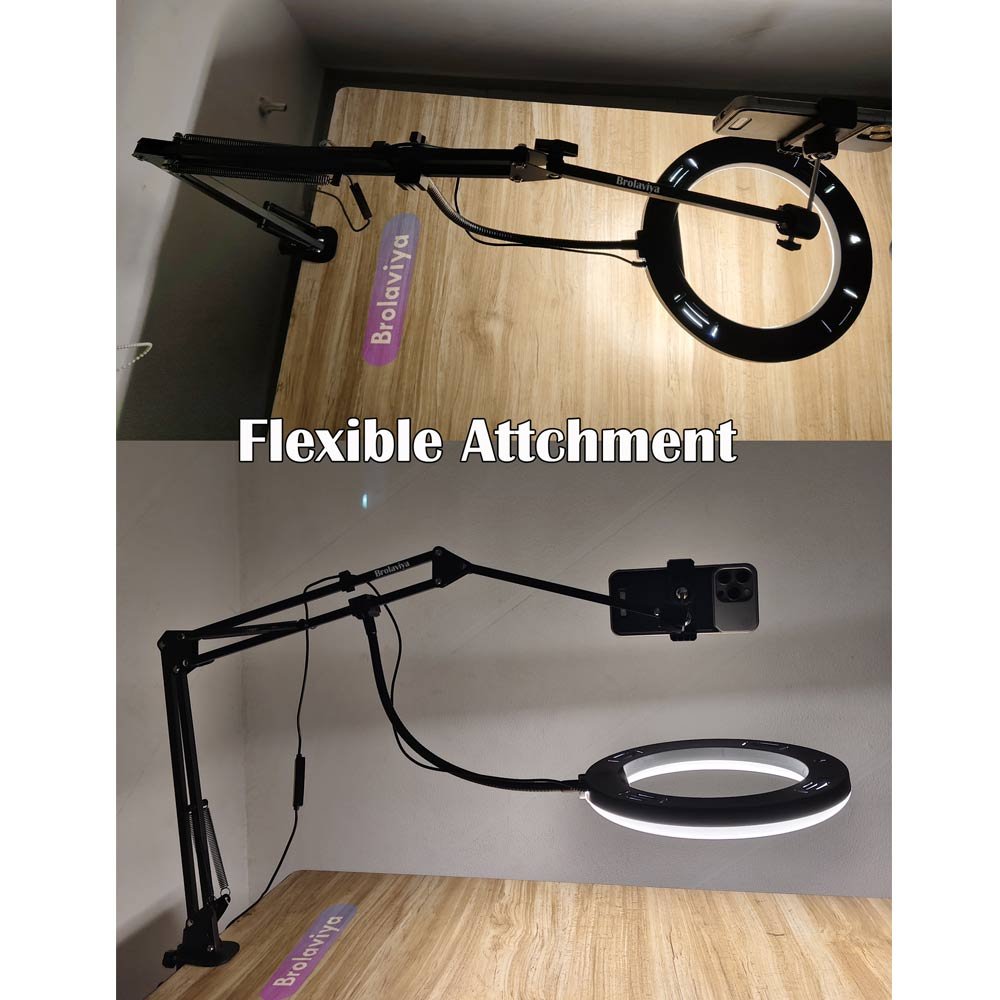 BROLAVIYA® No Shadow Overhead Video Mobile Stand, Extra Long Metal Arm, 10 inch Selfie Rin - Image 2