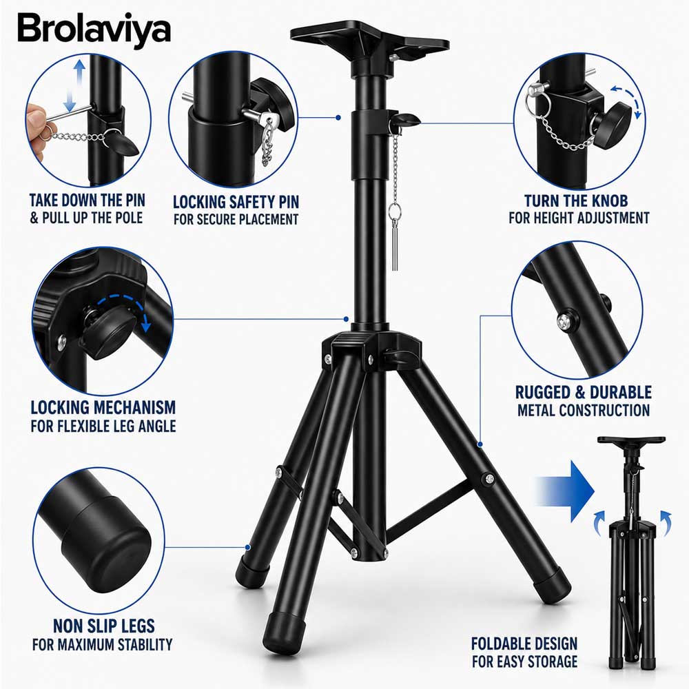 BROLAVIYA® Universal Speaker Stand, Height Adjustable Tripod Speaker Stands with Mounting Plate, Heavy Duty Metal for PA Speakers, Studio Monitors, DJ Equipment, Home Theater & Events