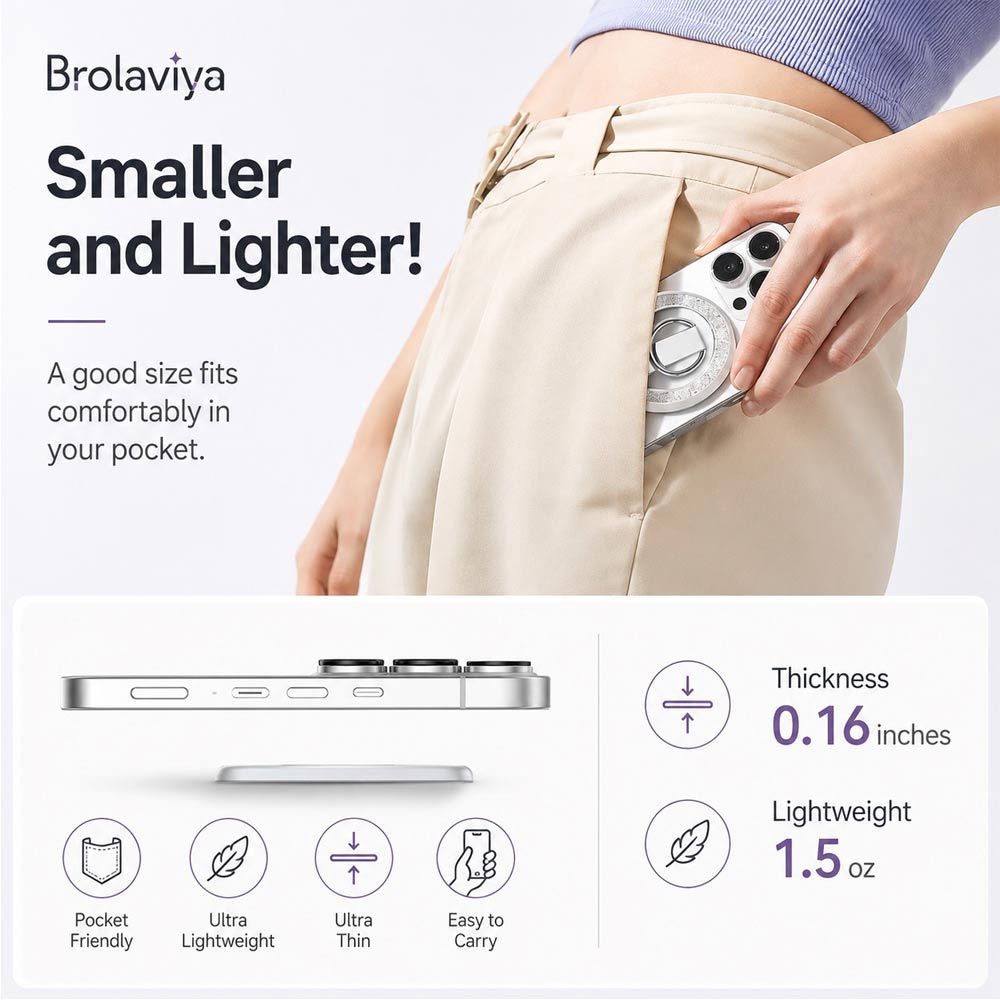 BROLAVIYA® Magnetic Phone Ring Holder, 360° Rotating & 180° Flip Finger Ring Stand, Ultra Slim Metal Grip Kickstand Compatible for iPhone 16/15/14/13/12 Series & All Smartphones – Silver