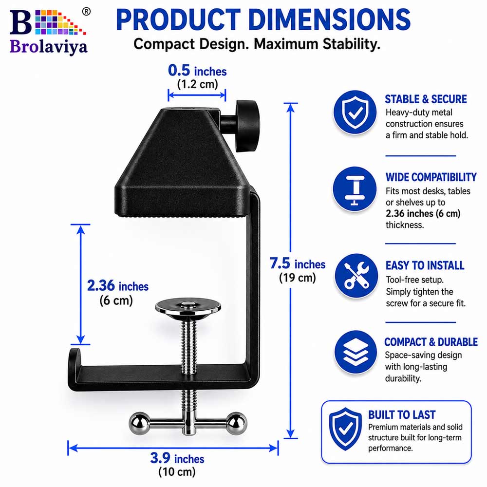 BROLAVIYA® Heavy Duty Desk Clamp Mount with Headphone Hook, Metal Table C Clamp Base, Universal Mic Boom Arm Clamp for Scissor Arms, Low Profile Arms, Fits Up to 2.36 inch 6cm Thickness
