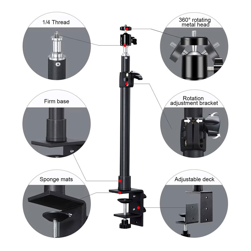 BROLAVIYA® Desk Stand with 1/4″ Screw Mount, Adjustable Desktop Mount for Mobile, Ring Light, Camera, Webcam & LED Video Light, 360° Ball Head, Metal Table Clamp Stand for Live Streaming & Recording