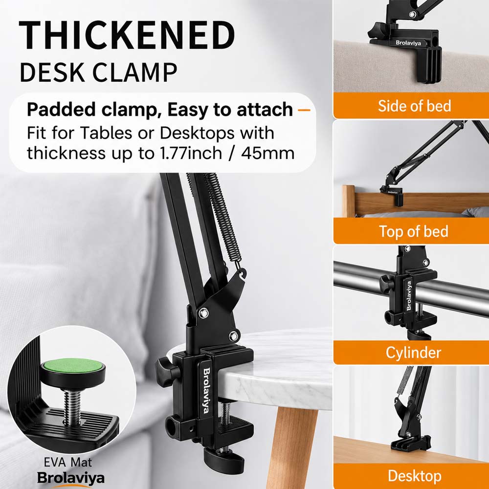 Brolaviya® Phone Holder for Bed & Desk, Adjustable Overhead Phone Mount with 360° Rotation, Multi-Angle Suspension Arm Stand, Hands-Free Mobile Holder for Video Recording, Drawing, Cooking, Reading & Live Streaming