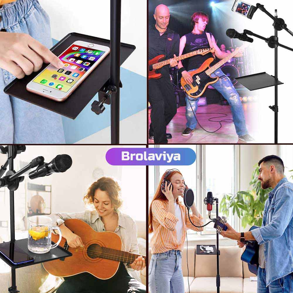BROLAVIYA® Microphone Stand Shelf Adjustable Metal Tray Holder, Compatible with Most Microphone Stands and Music Tripod Stands, Size 7.9” X 5.7” Inch