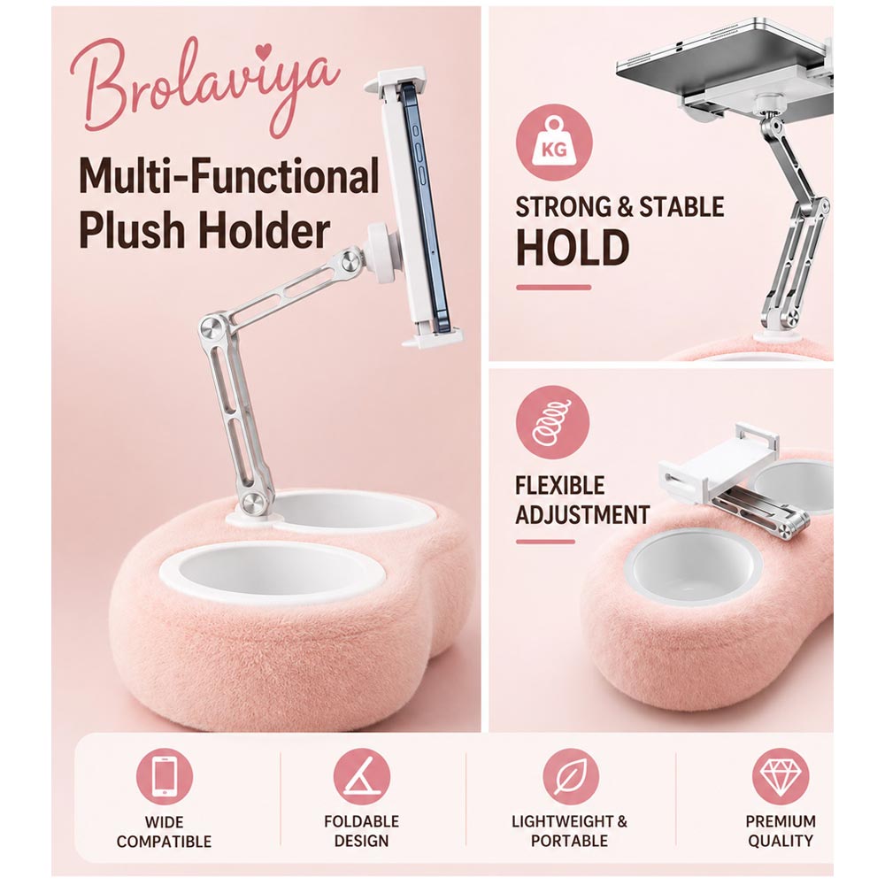 BROLAVIYA® Plush Tablet Holder Pillow with Adjustable Phone & Tablet Stand, Hands-Free Lap Desk with Dual Snack Bowls, Soft Portable Holder for Bed, Couch & Travel, Fits 4.7″–12.9″ Devices