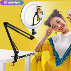 BROLAVIYA® Overhead Video Mobile Stand With RGB Color 10 Inch Ring Light, Metal Arm, 1/4" Male Adaptor For Camera, Gopro, Mobile Bracket For Video, Desktop, Bedroom, Office