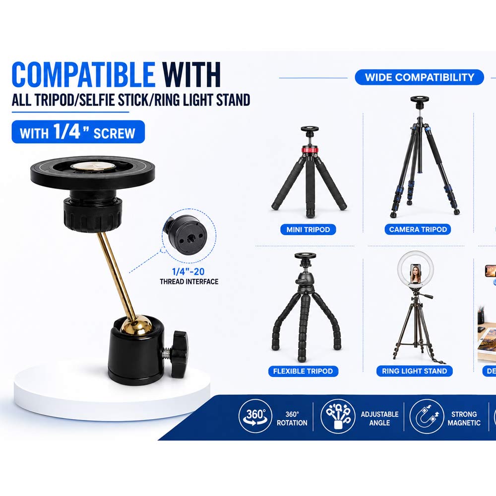 BROLAVIYA® Magnetic Phone Holder with 1/4″ Interface Thread, Adjustable Ball Head, MagSafe Compatible Tripod Adapter, 360° Rotation, for Tripods, Monopod & Camera and Ring Light Accessories