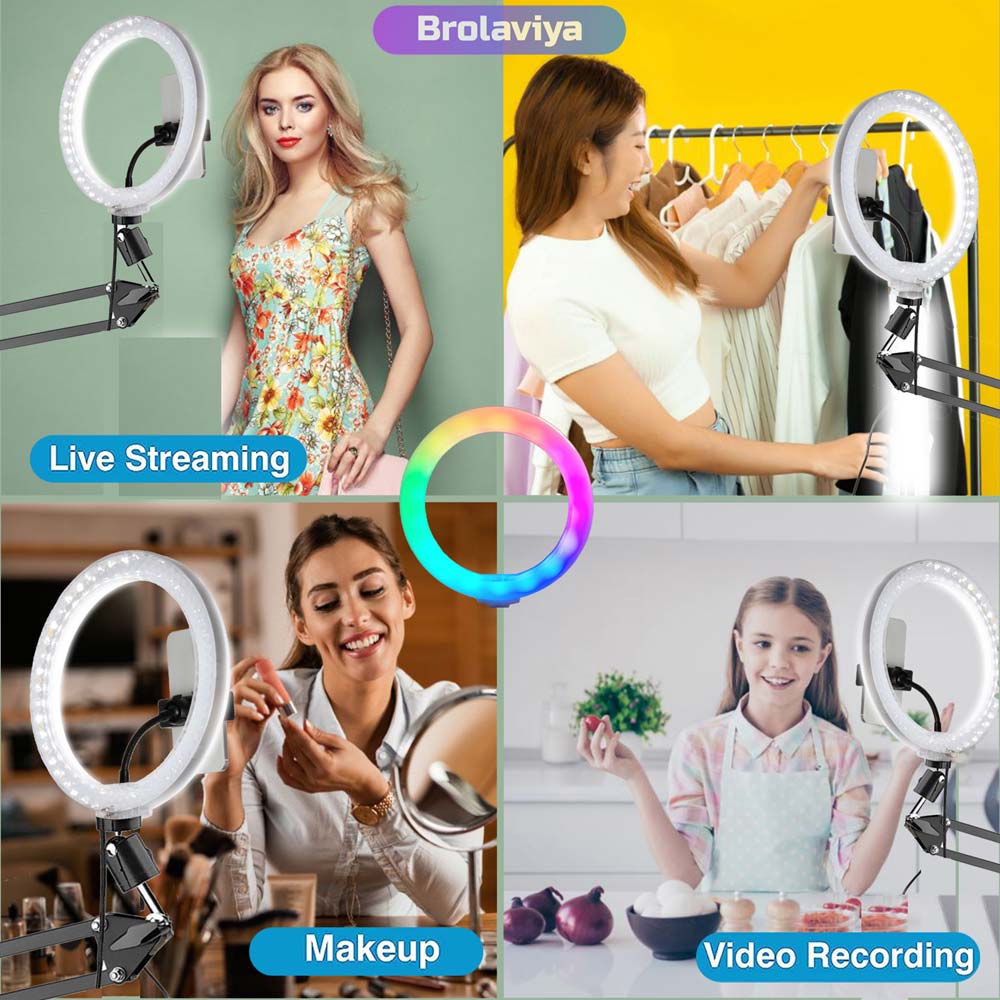BROLAVIYA® Overhead Video Mobile Stand, New Crystal 3D LED 10 Inch RGB Ring Light, 2 Way Base Clamp, 1/4" Ball Head for Camera, Webcams with Mobile Bracket