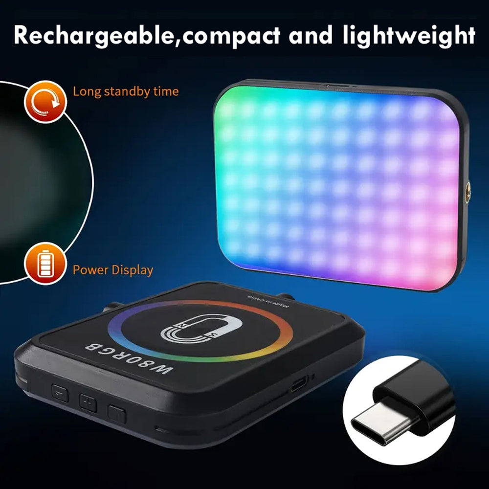 BROLAVIYA® Magnetic Full RGB Color LED Video Light, 1800mAh Rechargeable, Adjustable Brightness with Clip and ¼ Thread, for Phones, Laptops, Cameras, Selfie, Photography, Video Conference, W80, Black