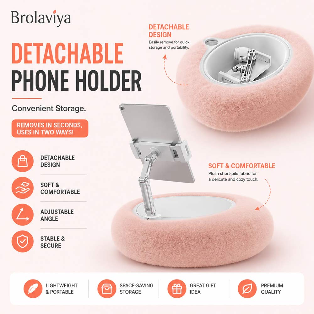 BROLAVIYA® Phone & Tablet Pillow Stand, Adjustable 360° Rotating Holder for 4–12.9 Inch Devices, Detachable Foldable Arm, Soft Lap Desk Cushion with Snack Tray, for Bed, Sofa, Desk & Travel