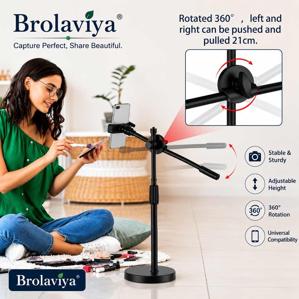 BROLAVIYA® Multi-Function Desktop Dual Phone Stand with Overhead Camera Mount, 360° Rotating Adjustable Arm, Height Adjustable Mobile Holder for YouTube, Reels, TikTok Video Recording, Online Classes, Cooking, Drawing, Live Streaming & Content Creation