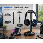 BROLAVIYA® Headphone Stand for Desk, Adjustable Height Headset Holder with Built-in Phone Stand, Universal Gaming Headphone Stand, Stable Weighted Base for Over-Ear & On-Ear Headphones, Black