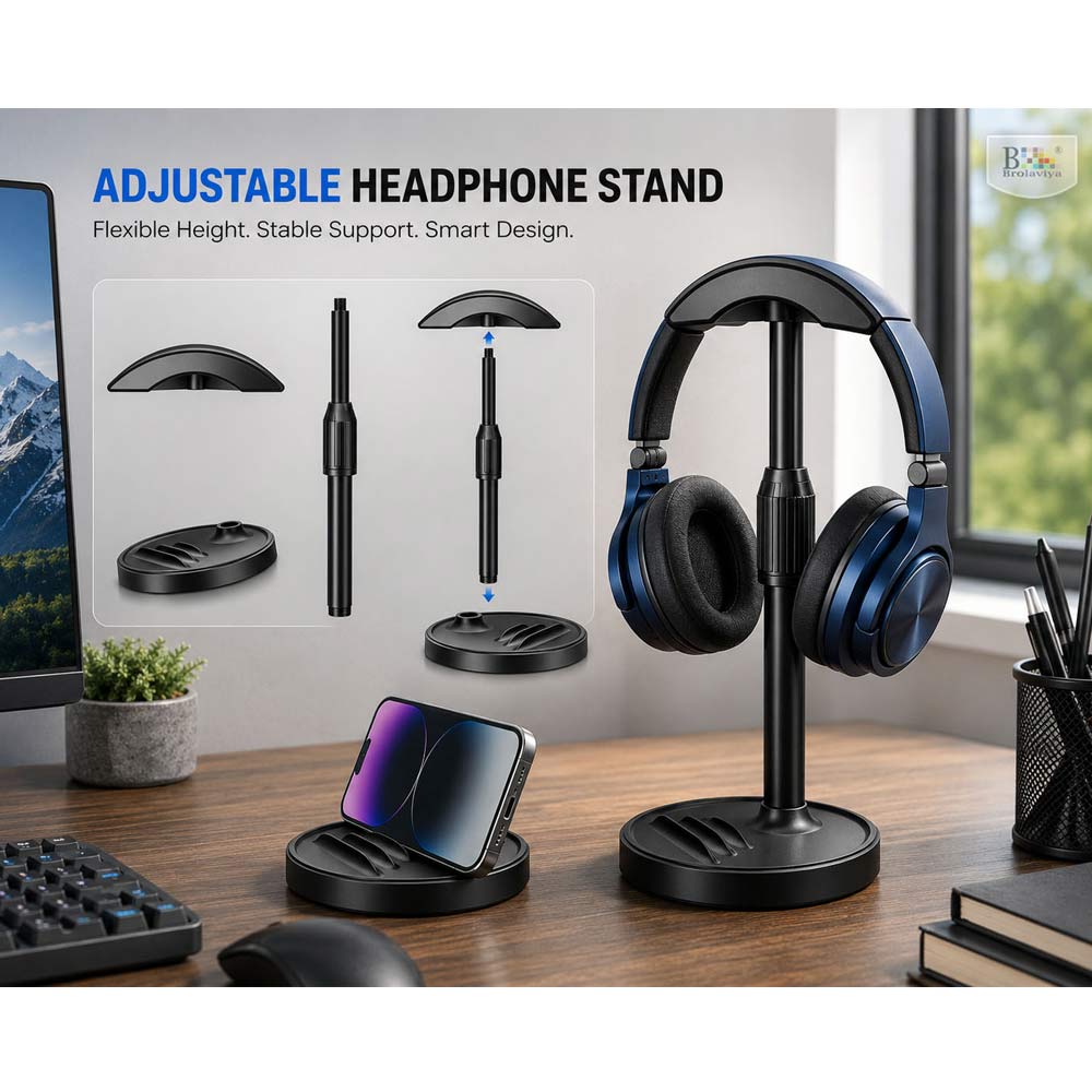 BROLAVIYA® Headphone Stand for Desk, Adjustable Height Headset Holder with Built-in Phone Stand, Universal Gaming Headphone Stand, Stable Weighted Base for Over-Ear & On-Ear Headphones, Black