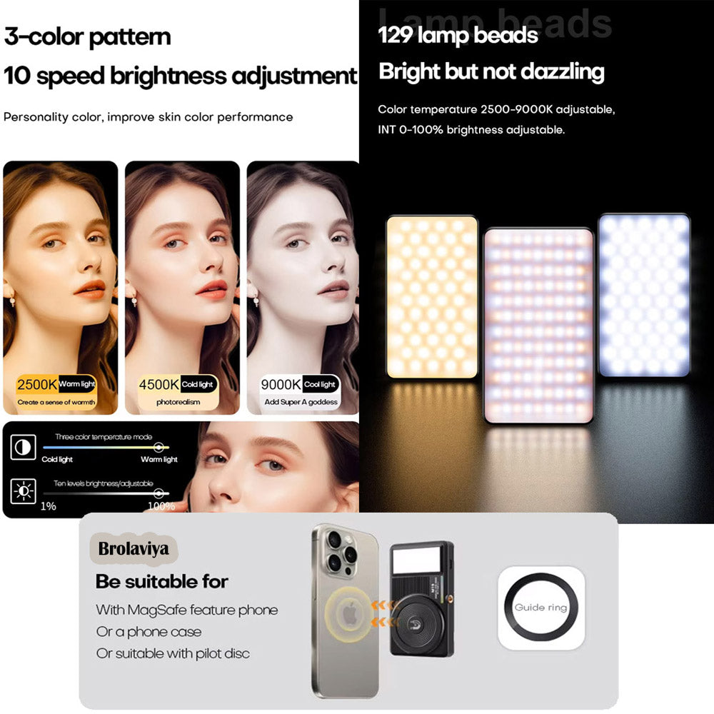 BROLAVIYA® Two-Sided Selfie Light 129 Beams 2000mAh CRI 96+ Rechargeable Cell Phone Fill Light Dimmable with Magnet Features for Smartphone Portable Clip for Video, Photography, Pocket Traveling
