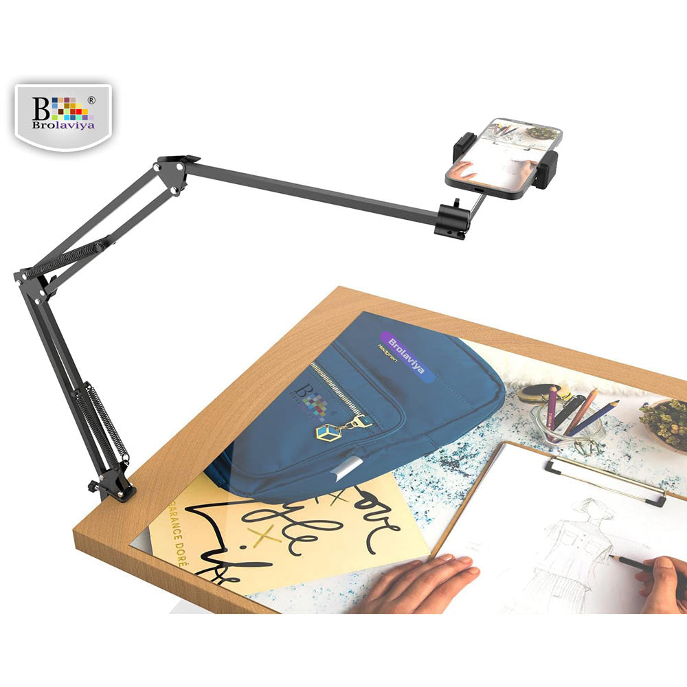 BROLAVIYA® Overhead Video Mobile Stand, New Extra Long Arm, 1/4" Head 2 Way Base Clamp and Bracket for Mobile Phone For Overhead Video, Desktop, Bedroom, Office, Black