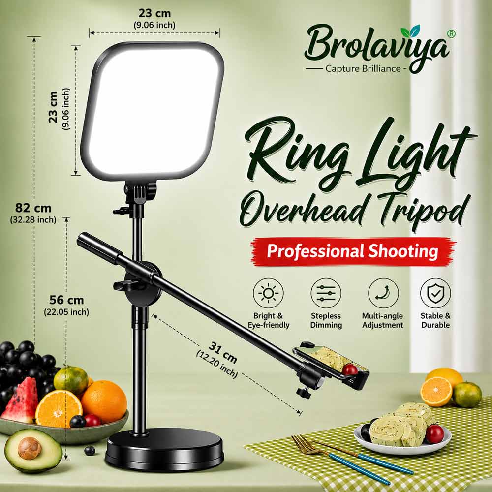 BROLAVIYA® Overhead Phone Stand with LED Fill Slab Light, 360° Rotating Phone Holder, Desk Stand for Reading, YouTube, Reels, Cooking Videos, Recording & Content Creation