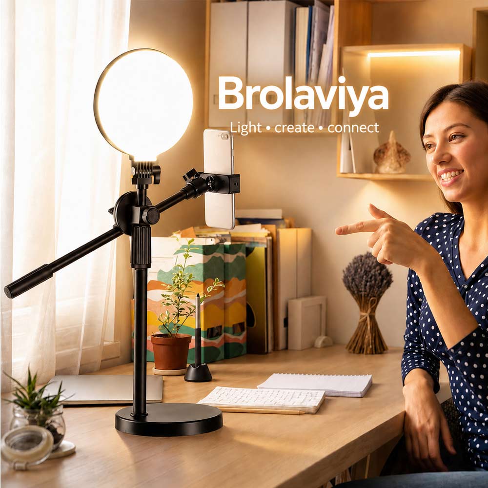 BROLAVIYA® LED 6 inch Fill Light Phone Overhead Stand for Video Recording | Adjustable Height & 360° Rotation | Mobile Holder with 3 Color Modes & 10 Brightness Levels | Desk Stand for Cooking, Live Streaming, Online Classes & Content Creation