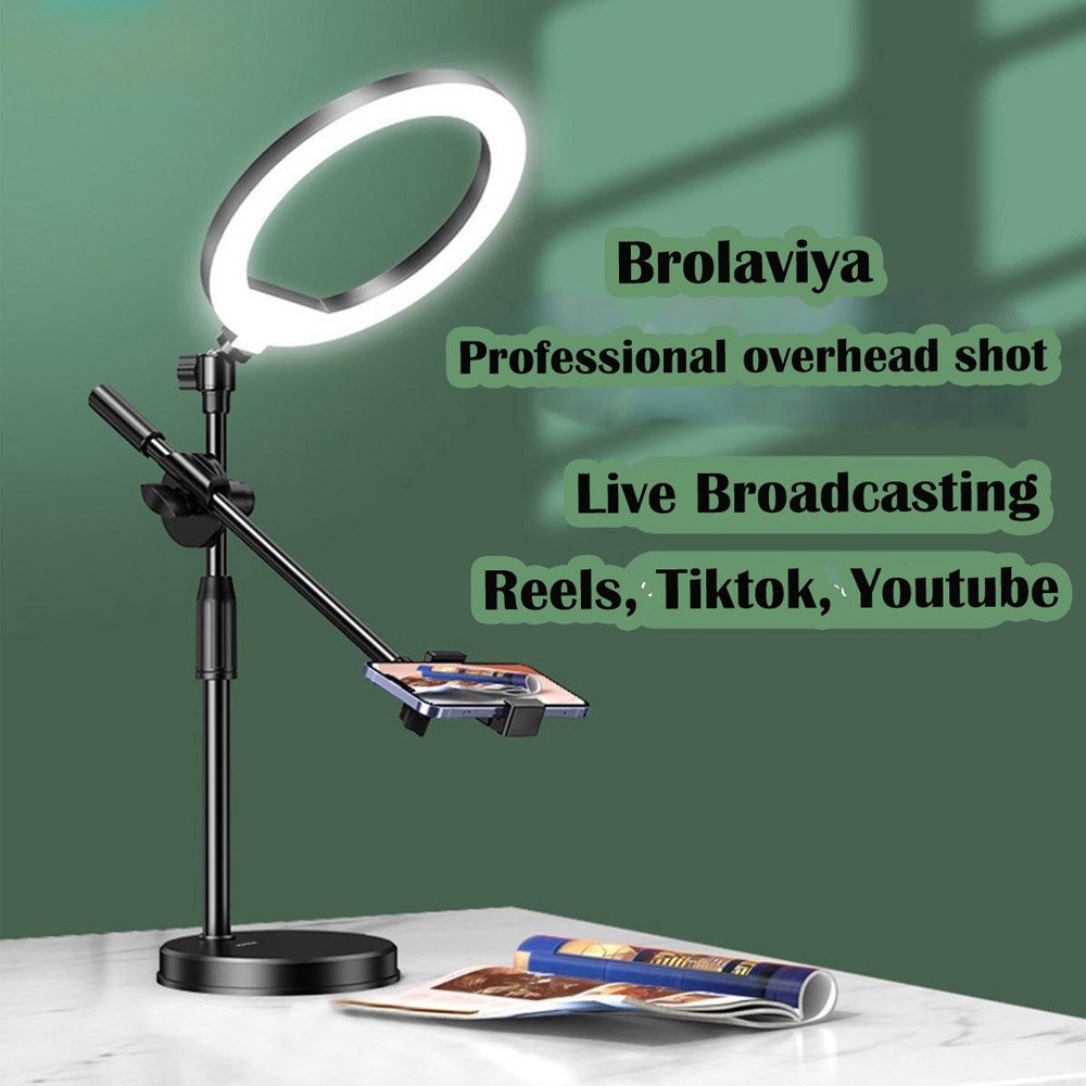 BROLAVIYA® Overhead Video Floor Stand with 10 Inch Ring Light, Metal Arm, 1/4" Ball Head f - Image 3