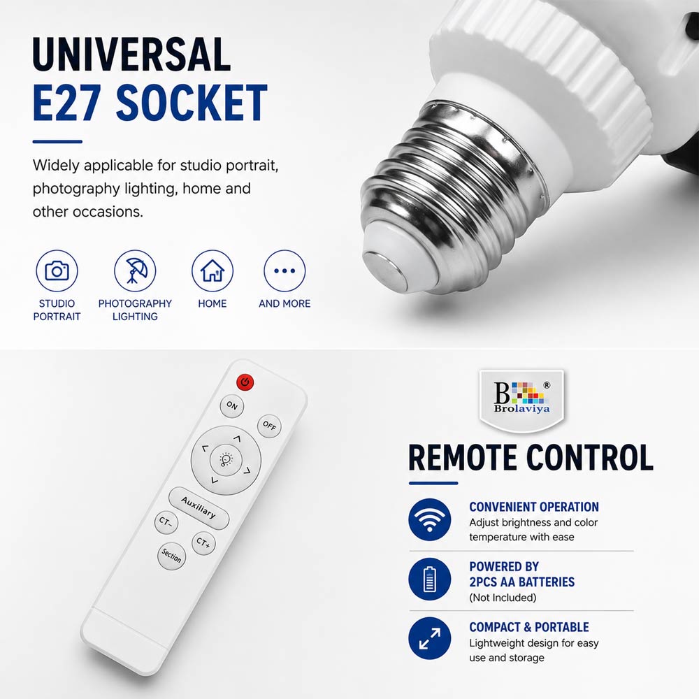 BROLAVIYA® 60W LED Photography Light Bulb with E27 Mount, Remote Control, Bi-Color 3000K-6000K, Dimmable for Studio Photography