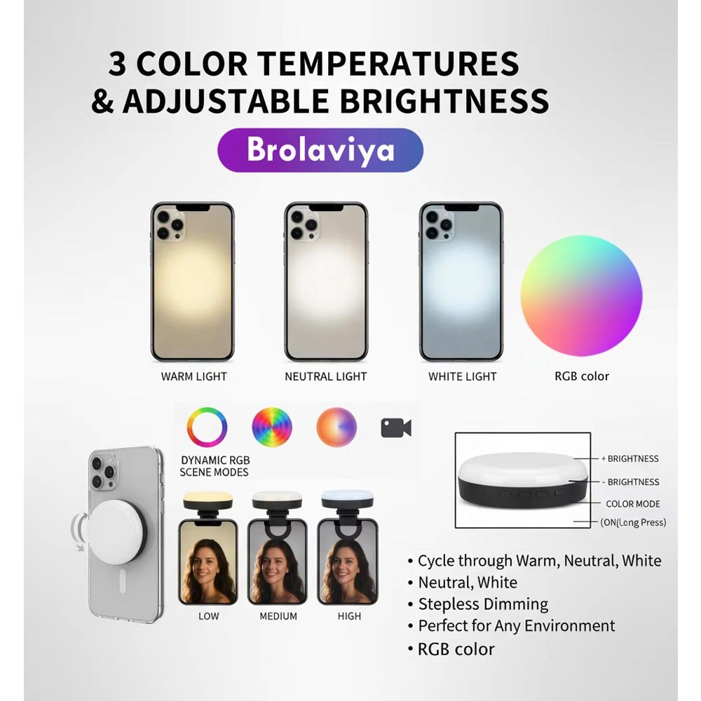 BROLAVIYA® Magnetic RGB Video Rechargeable Light Pocket LED Fill Light 2500K-7000K Dimmabl - Image 7