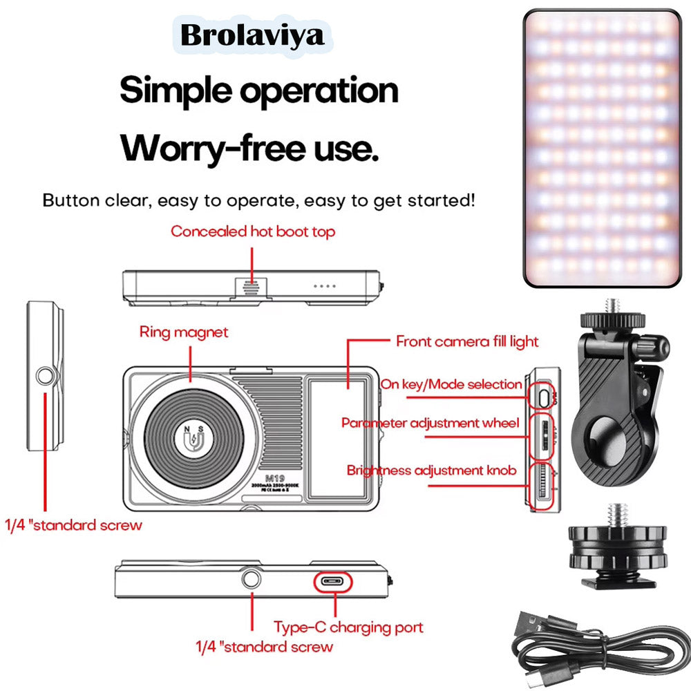 BROLAVIYA® Two-Sided Selfie Light 129 Beams 2000mAh CRI 96+ Rechargeable Cell Phone Fill Light Dimmable with Magnet Features for Smartphone Portable Clip for Video, Photography, Pocket Traveling