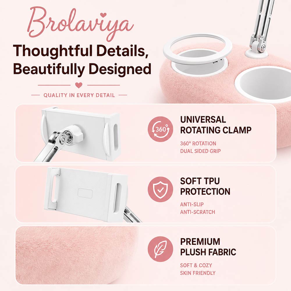 BROLAVIYA® Plush Tablet Holder Pillow with Adjustable Phone & Tablet Stand, Hands-Free Lap Desk with Dual Snack Bowls, Soft Portable Holder for Bed, Couch & Travel, Fits 4.7″–12.9″ Devices