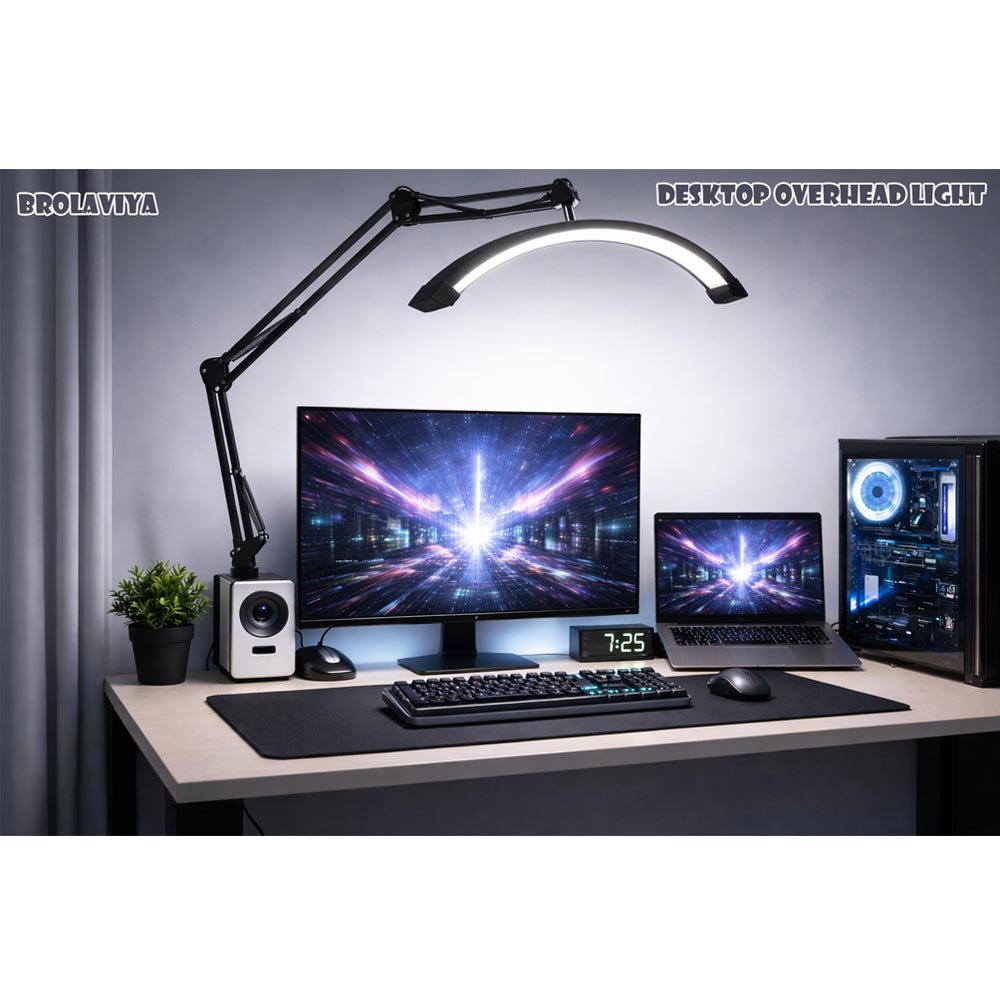 BROLAVIYA® 16 inch Half Moon Tabletop Lamp Light with 3 Axis Swing Metal Arm Stand, 3 Lighting Modes, 360 Degree Spin for Detailed Work, Home Office, Desktop, Make up, Reading, Black