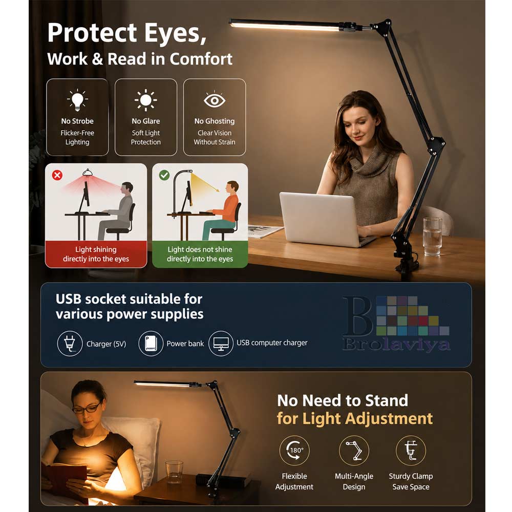 BROLAVIYA® Architect Double Head LED Desk Lamp Overhead Light, 3 Color Mode, 10 Levels Dimmable Brightness, Metal Body, Eye Protection Desk Light for Office, Study, Reading, Computer Workstation