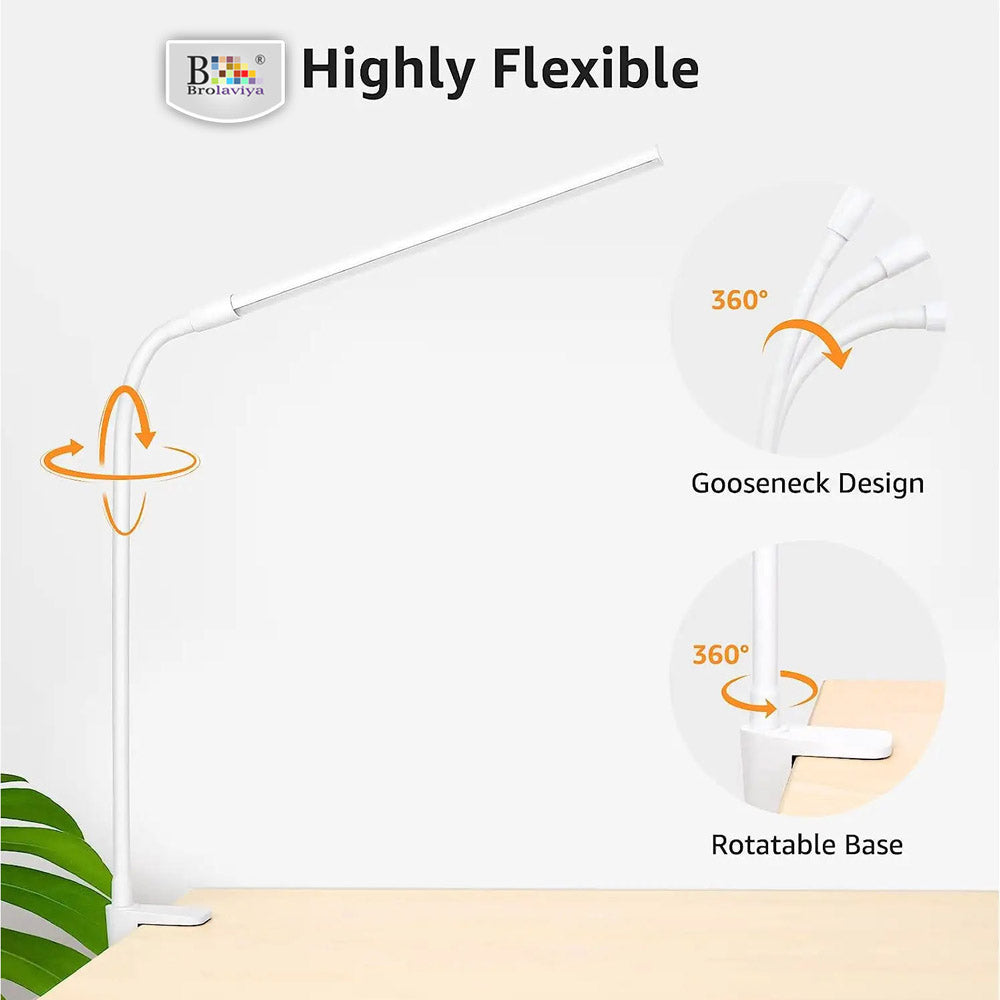 BROLAVIYA® Overhead Flexible LED Desk Lamp with Clamp, 3 Modes, 10 Brightness, Eye-Caring, Long Flexible Gooseneck, for Home, Office, Desktop, Bedroom, Reading, White